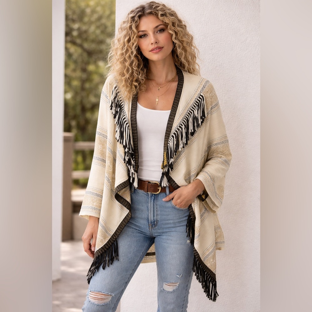 Chekanka Woven Southwestern Fringe Cardigan Sweater 100% Cotton